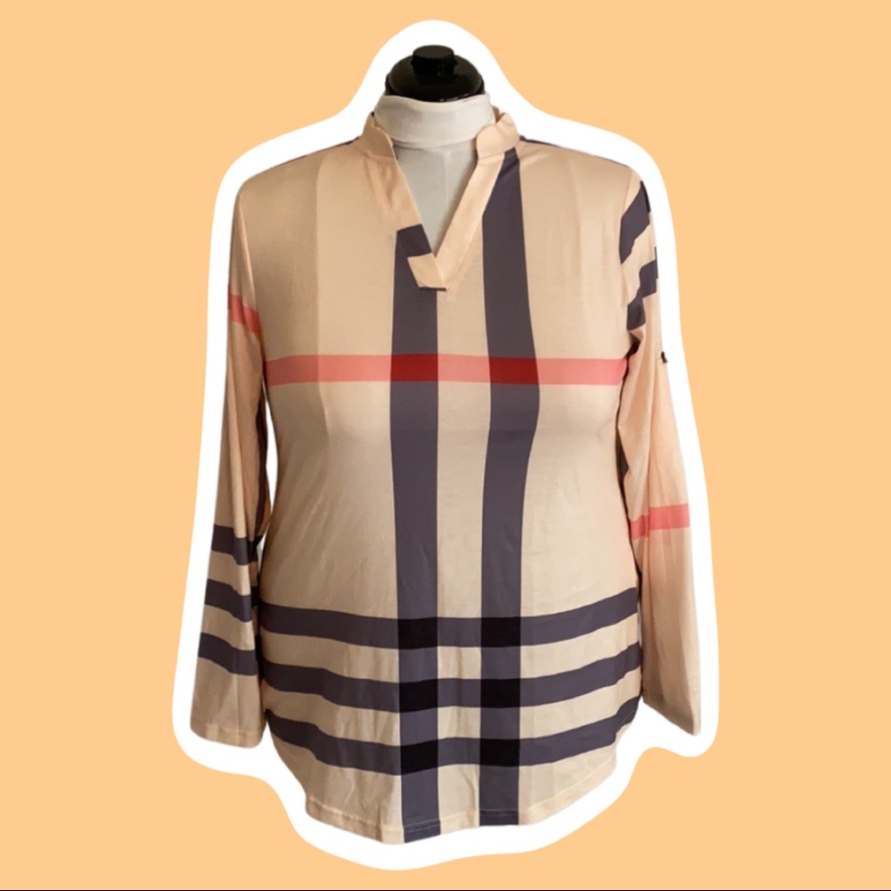 XL soft tunic tee long sleeved layer shirt with oversized plaid stripes